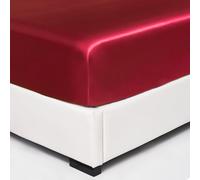 Wotcsil Red Satin Fitted Sheet Double Satin Silk Bed Sheets Silky Deep Pocket 36cm Soft and Breathable, Burgundy, 137 x 190 cm