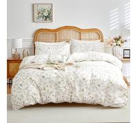 Wotcsil White Cotton Bedding Double Size Floral Duvet Cover Set Flowers Leaves Botanical Bedding Set Aesthetic Leaf Garden Print Duvet Cover 200x200cm with 2 Pillowcases 50x75cm