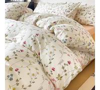 Wotcsil White Cotton Bedding King Size Floral Duvet Cover Set Pink Flowers Leaves Botanical Bedding Set Aesthetic Leaf Garden Print Duvet Cover 220x230cm with 2 Pillowcases 50x75cm