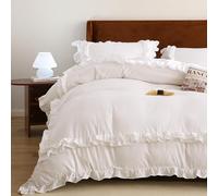 Wotcsil White Ruffle Bedding Set for Women Girls Ruffled King Duvet Cover Set Plain Duvet Cover Shabby Chic Retro Double-Layer Frill Edge Design with Pillowcase