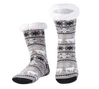 WOTENCE Men's Slipper Socks Fleece Lined Cozy Extra Thick Slipper Socks Winter Non-Slip Home Socks for Men(Gray Deer)