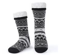 WOTENCE Mens Slipper Socks Fleece-lined Winter Warm Cozy Home Socks Non Slip Socks with Gel Grips (Black Diamond)
