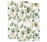 Wotinsi Gold Eucalyptus Leaf Hand Towel Set,Green Leaf Hand Towels for Bathroom 2 Pack Soft Absorbent Decorative Dish Towel for Kitchen Sports Gym Yoga Home Decor 14 x 28 in