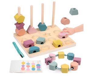 wotoyd Montessori Wooden Toys for 2 3 4 Year Olds Girls Boys,3-in-1 Fine Motor Skills Thread & Stack Toy with Learning Cards,Educational Travel Toys for Toddlers 2 3 4 Birthday Gifts Early