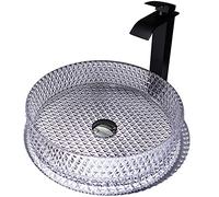 WOTZOV Modern Countertop Basin Round, Washbasin Translucent Tempered Glass With Pop Up Sink Waste Bathroom Sink Bowl, For Bath Remodel,Clear,Without Tap,Clear with Tap