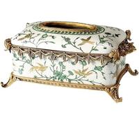 WOTZOV Organizer Tissue Holder Retro Ceramics with Copper Painted Hand-Painted Flowers and Birds Tissue Box Holder Coffee Table Decoration Ornament Desktop Tissue Pape