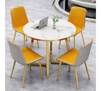 WOTZOV Round Dining Set with 4 Upholstered Chairs Faux Marble Tabletop Perfect for Dining Room or Meeting Room - Light Gray Dining Table and Chair Set，Yellowish gray