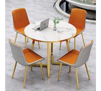 WOTZOV Round Dining Set with 4 Upholstered Chairs Faux Marble Tabletop Perfect for Dining Room or Meeting Room - Light Gray Dining Table and Chair Set，Orange gray