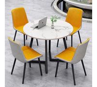 WOTZOV Round Dining Set with 4 Upholstered Chairs Faux Marble Tabletop Perfect for Dining Room or Meeting Room - Light Gray Dining Table and Chair Set，Yellow black
