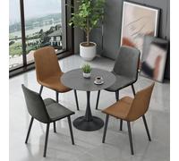 WOTZOV Round Office Table with Sintered Stone Top Reception and Club Meeting Table Includes 4 Synthetic Leather Upholstered Coffee Chairs，Brown Gray