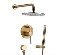 WOTZOV Shower System,Wall Mounted Brushed Gold Solid Brass Bathroom Rain Mixer Combo Set With 8-12" Round Top Spray Rainfall Showerhead And Handheld Shower,Luxury Shower Set,10 Inch，12 inch