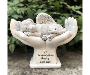 WouND Personalized Dog Pet Grave Markers Memorial Angel Statue Stone with in God's Hands, Dog Pet Headstone Garden Stone，in Loving Memory of A Pet Lost Gift, 7 Inch(H)