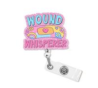 Wound Whisperer Badge Reel with Pink Glitter, Cute Care Nurse ID Clip Holder Gift for Doctors, Nursing Student, Medical, EMT, EMS, Paramedic, Coworker