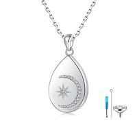 WOUOVO Star-Moon Teardrop Urn Necklaces for Ashes,925 Sterling Silver Cremation Jewelry Memorial Waterdrop Ashes Keepsake Pendant for Dog Cat Human Ashes, Sterling Silver, Cubic Zirconia