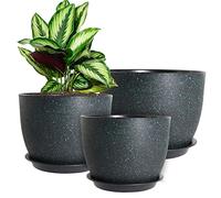 WOUSIWER 10/9/8 inch Plant Pots, Set of 3 Modern Decorative Plastic Planters with Drainage Holes and Saucers for House Plants Indoor Flowers Plants, Black Speckles