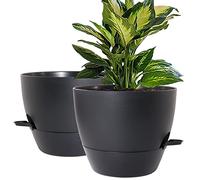 WOUSIWER 10 inch Self Watering Planters, 2 Pack Large Plastic Plant Pots with Deep Reservior and High Drainage Holes for Indoor Outdoor Plants and Flowers, Black