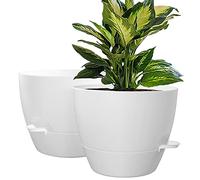 WOUSIWER 10 inch Self Watering Planters, 2 Pack Large Plastic Plant Pots with Deep Reservior and High Drainage Holes for Indoor Outdoor Plants and Flowers, White