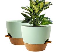 WOUSIWER 10 inch Self Watering Planters, 2 Pack Large Plastic Plant Pots with Deep Reservior and High Drainage Holes for Indoor Outdoor Plants and Flowers, Green with Terracotta