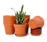 WOUSIWER 16 Pack 6 inch Plastic Planters, Plastic Indoor Planter Flower Pots, Heavy Duty and Stylish 6 Inch Plant Pots for Indoor Plants with Drainage Holes and Tray for Plants, Flowers, Terracotta