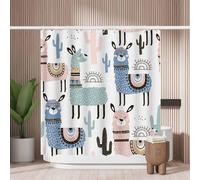 Woutay Shower Curtain Mould Proof Resistant Cute Llama Cactus,Water Repellant Fabric,Polyester,with 12 Plastic Hooks,Size 180x180CM