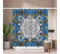 Woutay Shower Curtain Mould Proof Resistant Elegant Blue and Golden Pattern,Water Repellant Fabric,Polyester,with 12 Plastic Hooks