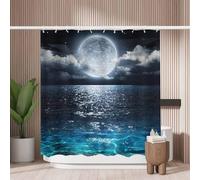 Woutay Shower Curtain Mould Proof Resistant Full Moon on Sea,Water Repellant Fabric,Polyester,with 12 Plastic Hooks,Size 180x180CM