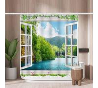 Woutay Shower Curtain Mould Proof Resistant Open Window View of The Lake,Water Repellant Fabric,Polyester,with 12 Plastic Hooks