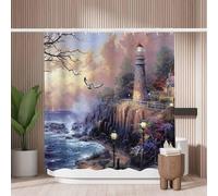 Woutay Shower Curtain Mould Proof Resistant Seaside Lighthouses and Cabins Painting,Water Repellant Fabric,Polyester,with 12 Plastic Hooks,Size 180x180CM