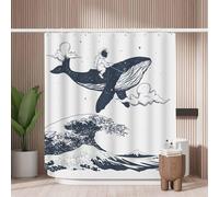 Woutay Shower Curtain Mould Proof Resistant Spaceman and Whale,Water Repellant Fabric,Polyester,with 12 Plastic Hooks,Size 180x180CM