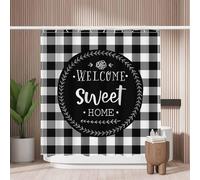 Woutay Shower Curtain Mould Proof Resistant Sweet Home Gray White Grid,Water Repellant Fabric,Polyester,with 12 Plastic Hooks