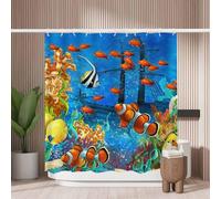 Woutay Shower Curtain Mould Proof Resistant Tropical Coral Reef Fish,Water Repellant Fabric,Polyester,with 12 Plastic Hooks,Size 180x180CM