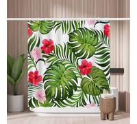 Woutay Shower Curtain Mould Proof Resistant Tropical Green Palm Leaves and Hibiscus Flower,Water Repellant Fabric,Polyester,with 12 Plastic Hooks,Size 180x180CM