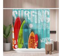 Woutay Shower Curtain Mould Proof Resistant Vintage Surfing on Blue Wooden,Water Repellant Fabric,Polyester,with 12 Plastic Hooks