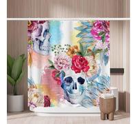 Woutay Shower Curtain Mould Proof Resistant Watercolor Skull Flowers,Water Repellant Fabric,Polyester,with 12 Plastic Hooks
