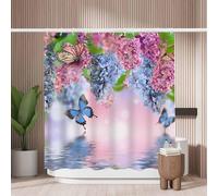 Woutay Shower Curtain Water Repellant Fabric Butterfly and Flowers,Mould Proof Resistant,Polyester,Size 180x180CM