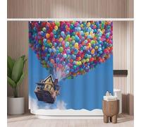 Woutay Shower Curtain Water Repellant Fabric Flying House with Ballons,Mould Proof Resistant,Polyester,with 12 Plastic Hooks