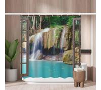 Woutay Shower Curtain Water Repellant Fabric Open Window View To Deep Jungle Waterfall,Mould Proof Resistant,Polyester,with 12 Plastic Hooks