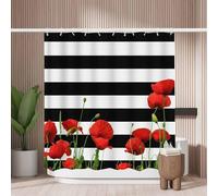 Woutay Shower Curtain Water Repellant Fabric Red Poppy Flowers on Zebra Lines,Mould Proof Resistant,Polyester,with 12 Plastic Hooks