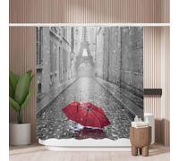 Woutay Shower Curtain Water Repellant Fabric Red Umbrella on The Streets of Paris,Mould Proof Resistant,Polyester,with 12 Plastic Hooks