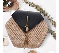 Wouueso Straw Tassel Beach Woven Women Bags Hexagon Summer Chain Knitting Shoulder Crossbody Small Handbag Messenger Black