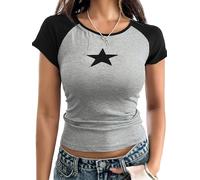 Wouueso Womens Summer Short Sleeve T Shirts Slim Fitted Raglan Color Block Crop Tops 2025 Basic Y2k Stretchy Black & Gray S