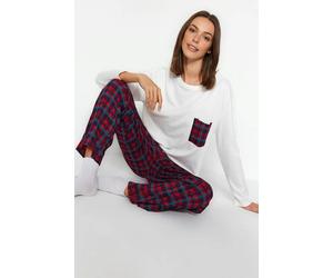 WOVCOR 2 Piece 100% Cotton Argyle Knit Pajama Set with Pocket Detail - White - L