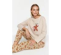 WOVCOR 2-Piece 100% Cotton Christmas Themed Knit Pajama Set - Beige - S