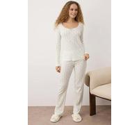 WOVCOR 2-Piece 100% Cotton Floral Lace Detail Ribbed Knit Pajama Set - White - L