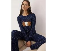 WOVCOR 2-Piece Blue Polka Dot Teddy Bear Patch Soft Touch Winter Knitted Pajama Set - Navy - L