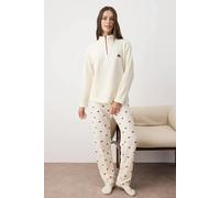 WOVCOR 2-Piece Cherry Patterned Zippered Soft Winter Waffle Knit Pajama Set - Ecru - S