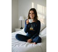 WOVCOR 2-Piece Christmas Themed Slogan Embroidered Knit Pajama Set - Navy - L