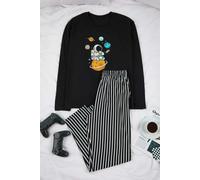 WOVCOR 2-Piece Cotton Long Sleeve Pajama Set with Astronaut Print and Stripe Detail - Black - M