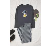 WOVCOR 2-Piece Cotton Long Sleeve Pajama Set with Astronaut Print and Stripe Detail - Dark Grey - L
