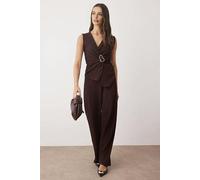 WOVCOR 2-Piece Double Breasted Textured Knit Bottom - Top Set with Accessories Detail - Brown - L